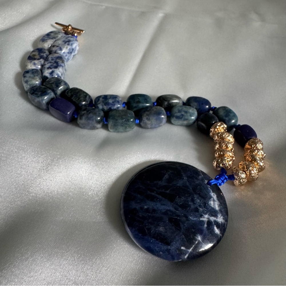 Blue and Gold Sodalite + Blue Spotted Jasper Necklace with Pendant - Picture 4 of 8